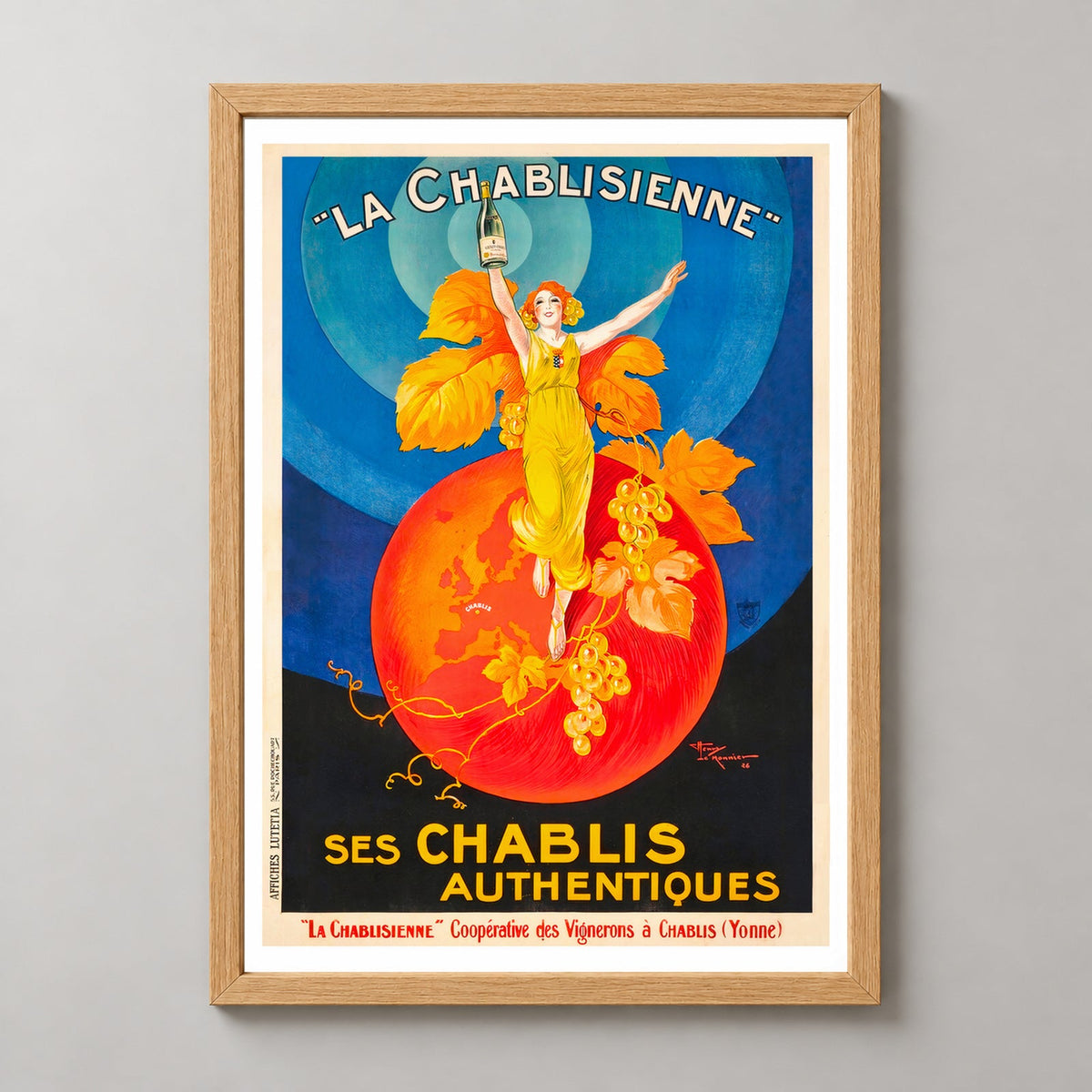 La Chablisienne Ses Chablis Authentiques - French Wine Vintage Poster — realistic natural wood frame studio view