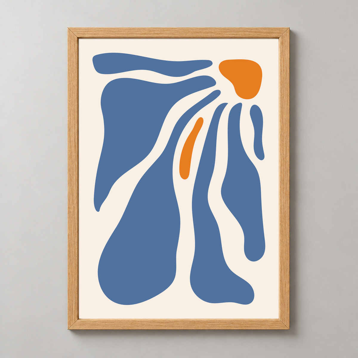Abstract Flowing Forms Art Print - Blue and Orange Minimalist Design — realistic natural wood frame studio view
