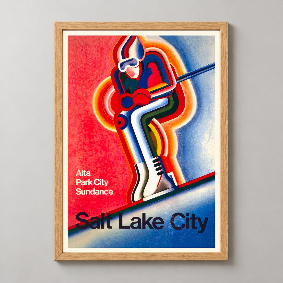 Salt Lake City Utah America United States Vintage Ski Poster — realistic natural wood frame studio view