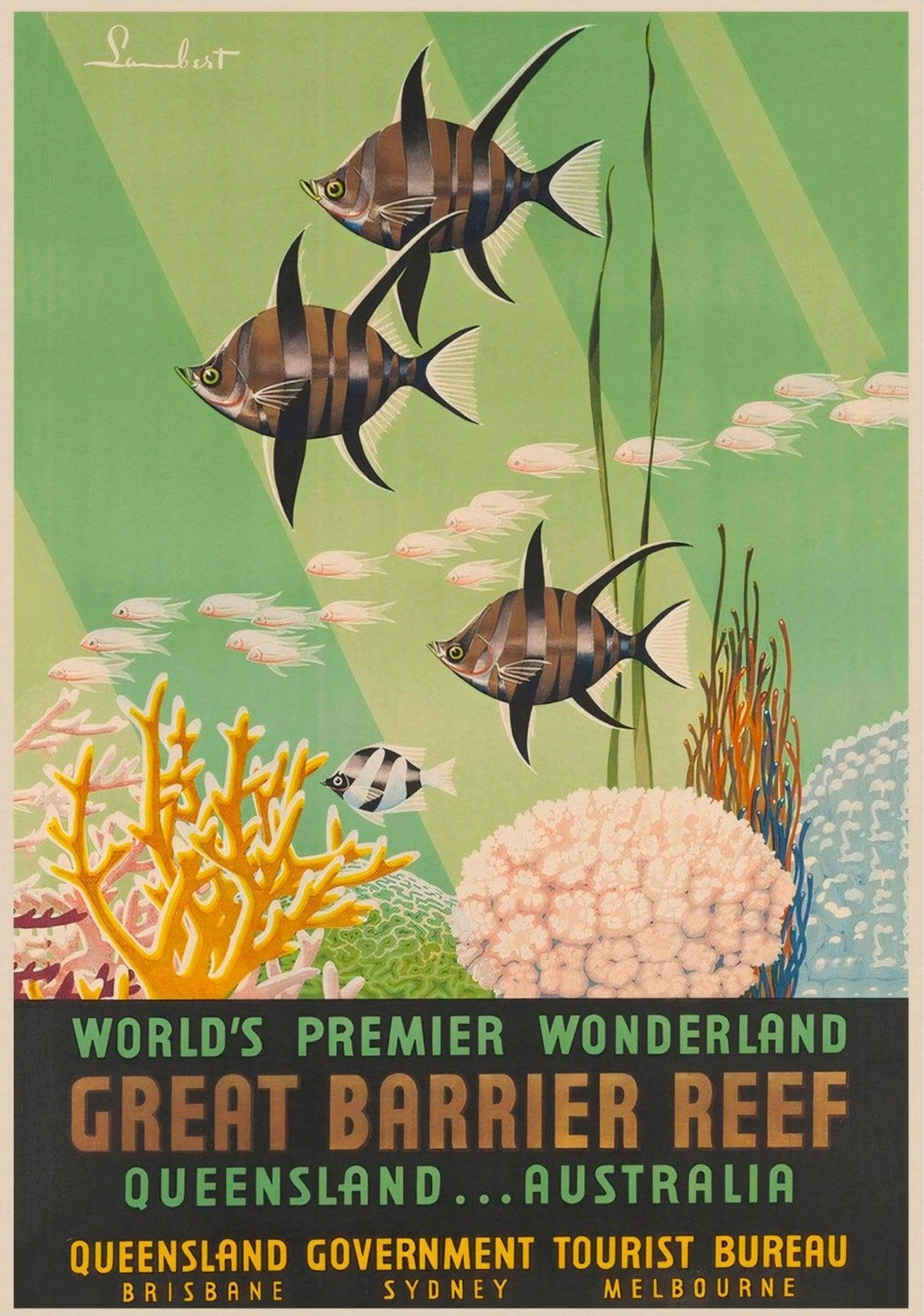 Great Barrier Reef Queensland Australia Vintage Travel Poster — poster only, complete unframed artwork