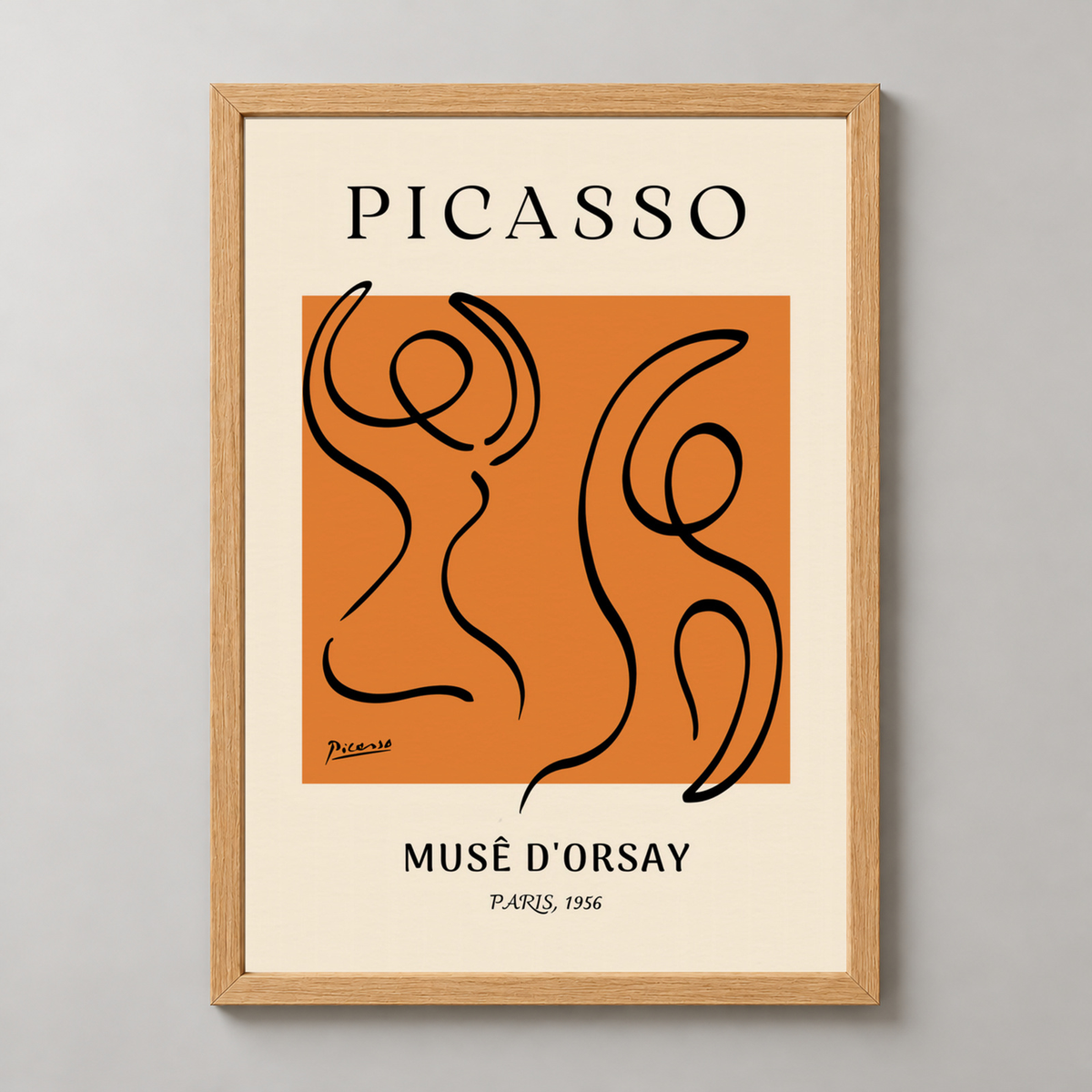 Picasso's Elegant Line Art - Musee d'Orsay 1956 Print — realistic natural wood frame studio view