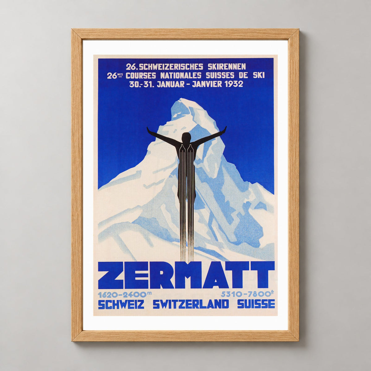 Zermatt Switzerland Swiss Vintage Aerial Ski Poster 1932 — realistic natural wood frame studio view