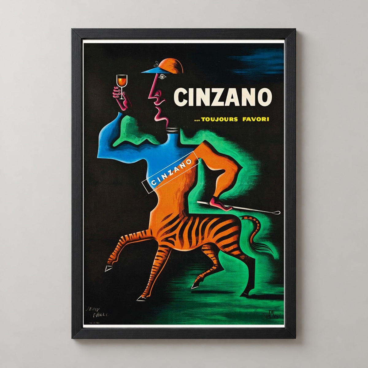 Cinzano Toujours Favori, 1950 - Vintage Alcohol Poster — realistic black frame studio view