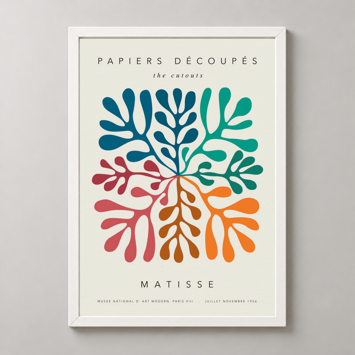 Henri Matisse's Papiers Découpés - Vibrant Mid-Century Modern Art Print — realistic white frame studio view