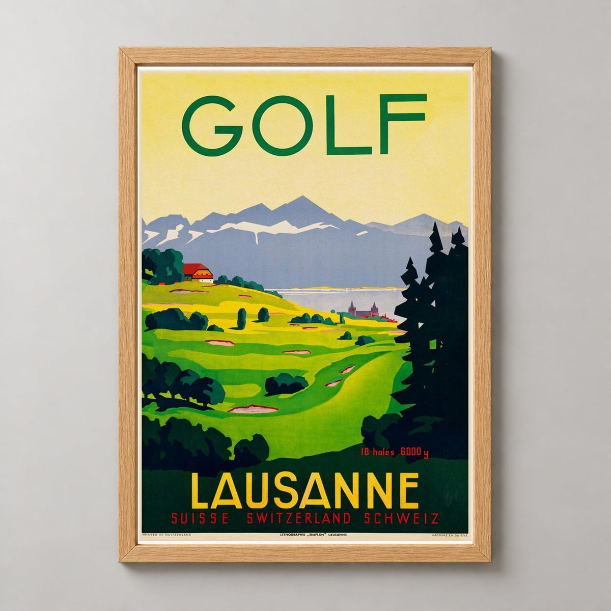 Switzerland Lausanne Vintage Golf Poster - Framed/Unframed — realistic natural wood frame studio view