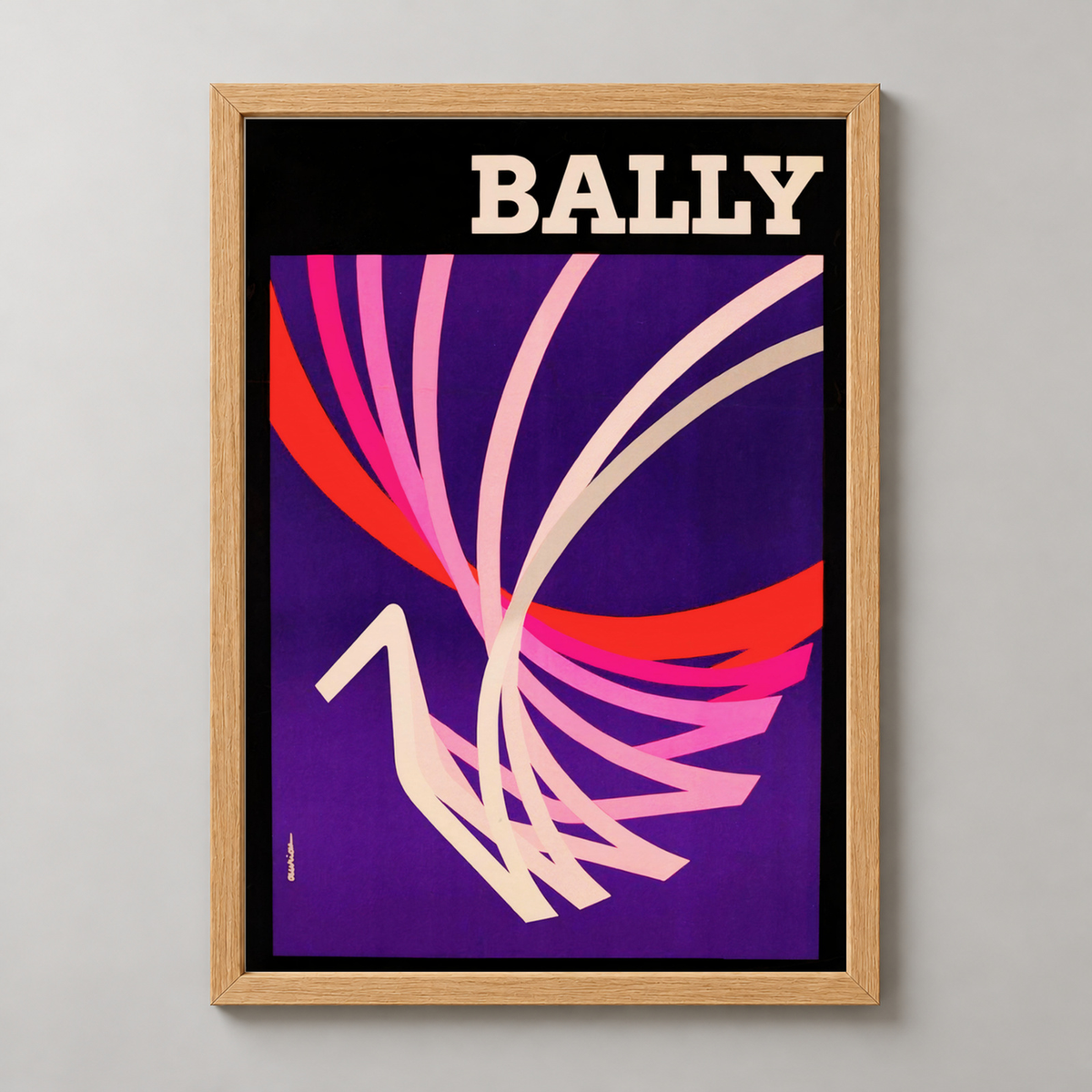 Bally Vintage Art Deco Poster - Elegant Abstract Design — realistic natural wood frame studio view