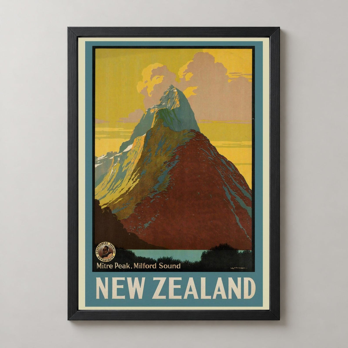 Milford Sound Vintage Travel Poster — realistic black frame studio view