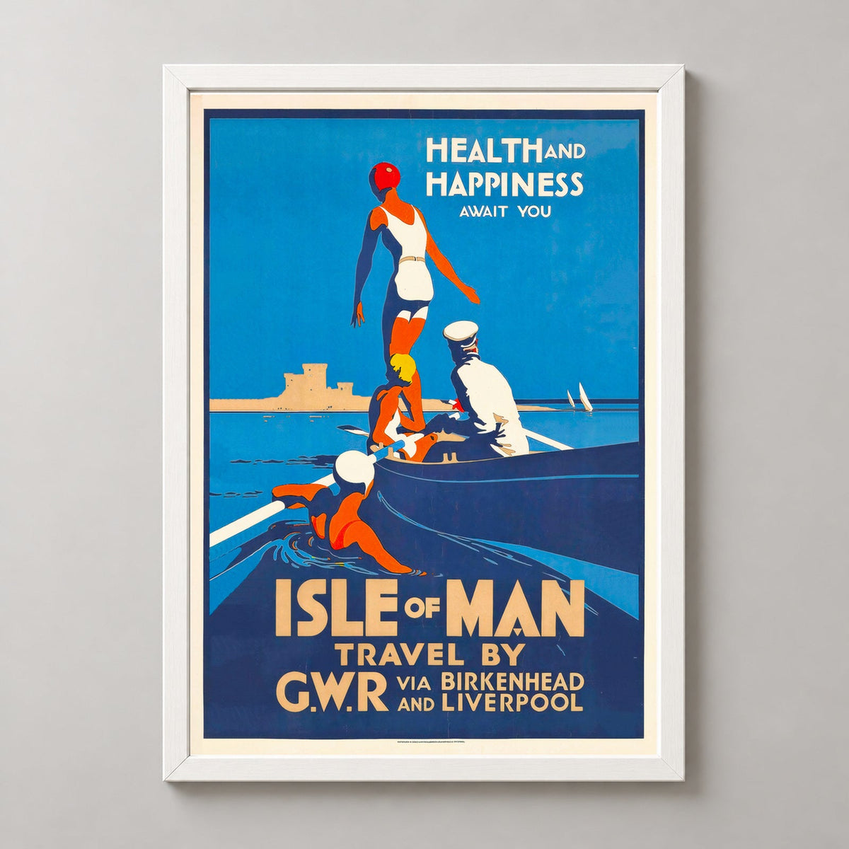 Isle of Man Travel via Birkenhead and Liverpool Vintage Travel Poster — realistic white frame studio view