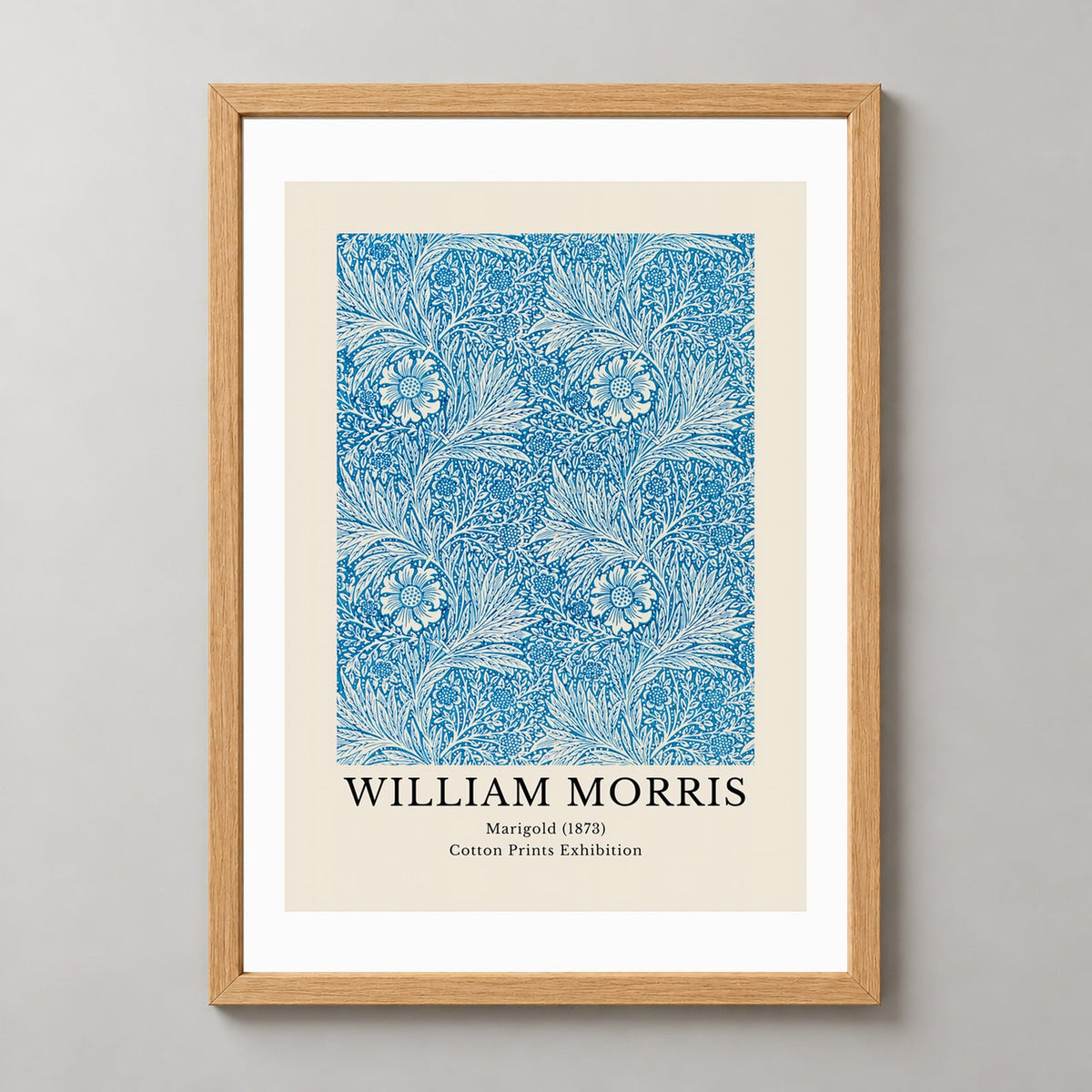 William Morris - Cotton Prints Exhibition, Marigold (1873) — realistic natural wood frame studio view
