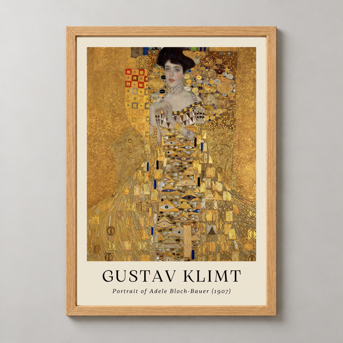 Gustav Klimt's Portrait of Adele Bloch-Bauer - Iconic Art Nouveau Masterpiece — realistic natural wood frame studio view