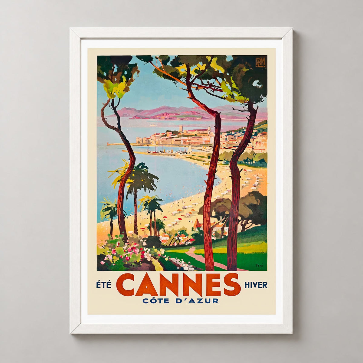 French Vintage Travel Poster - Cannes Côte d'Azur, France — realistic white frame studio view
