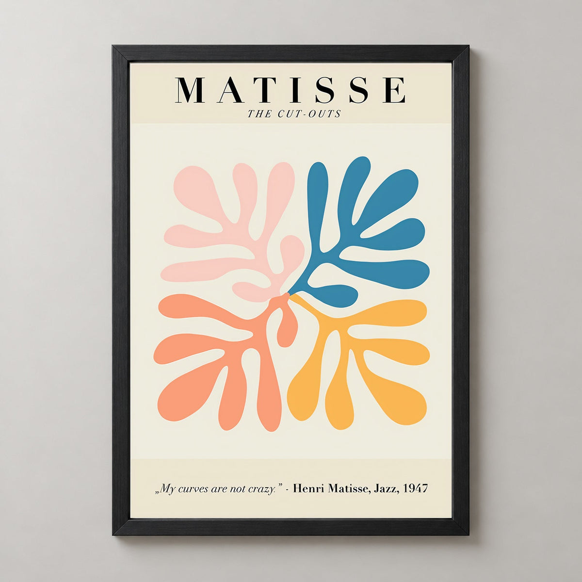 The Jazz Cut-Outs, Henri Matisse Modernist Print (1947) — realistic black frame studio view