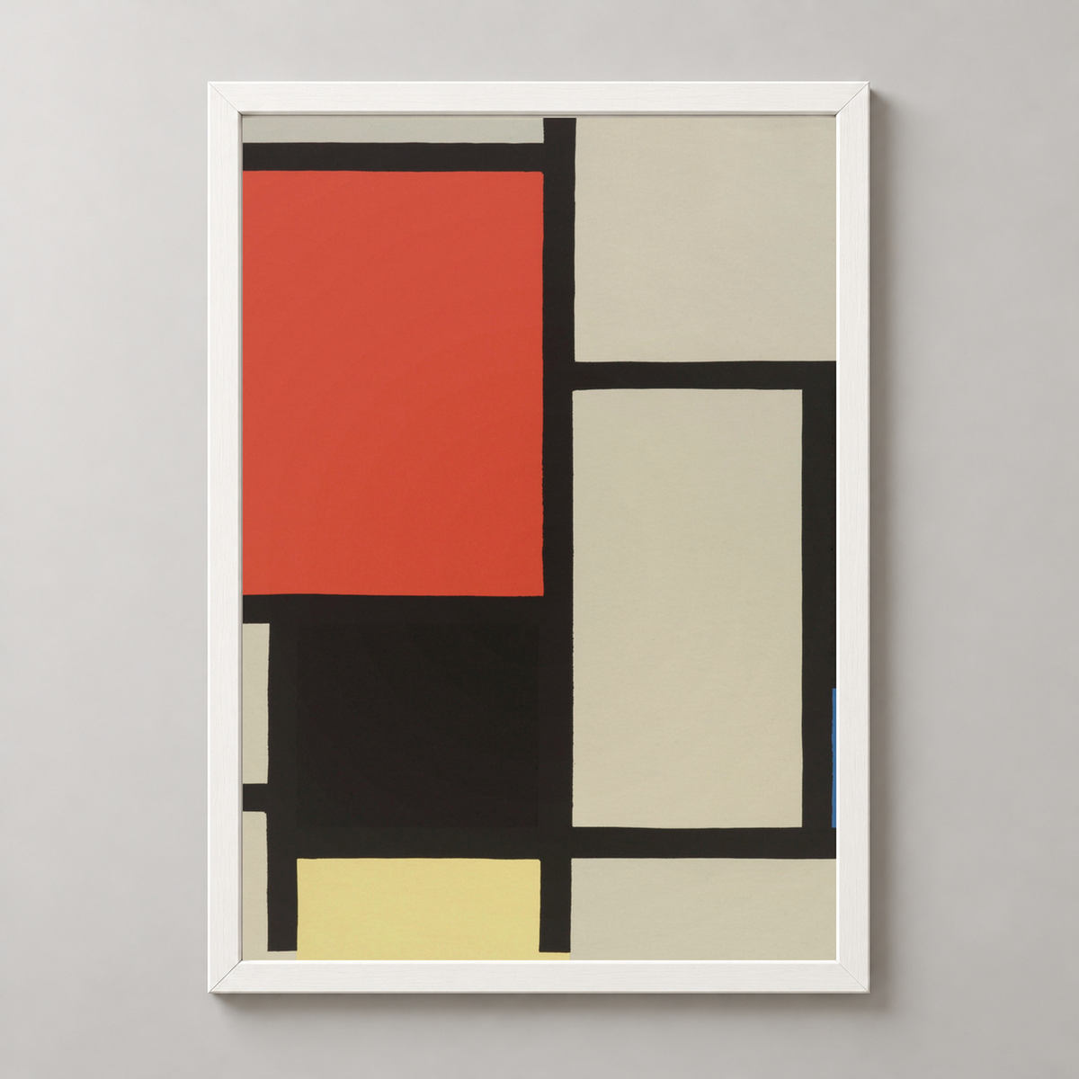 Piet Mondrian's Composition with Red, Blue, and Yellow - Abstract Art Print — realistic white frame studio view