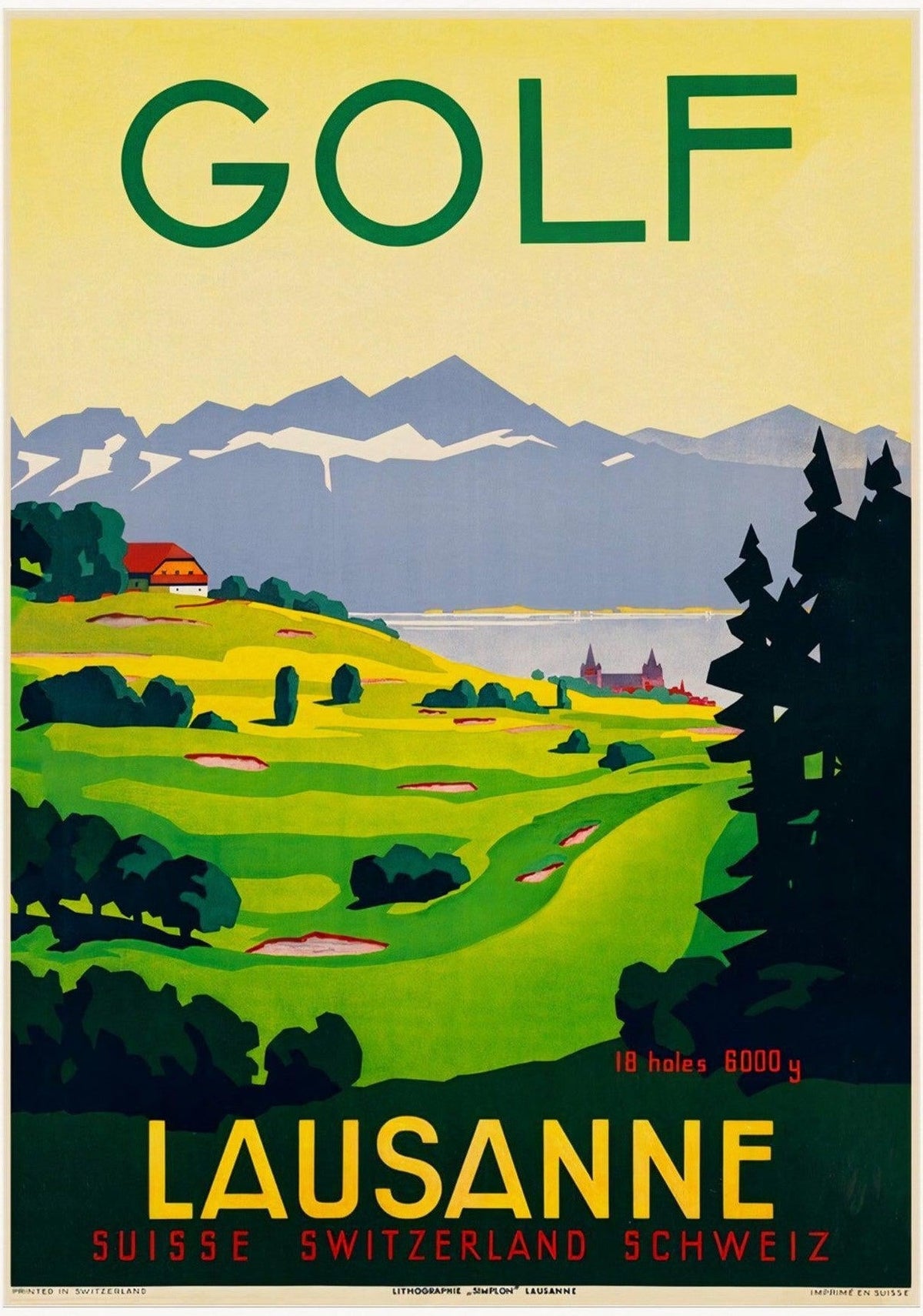 Switzerland Lausanne Vintage Golf Poster - Framed/Unframed — poster only, complete unframed artwork