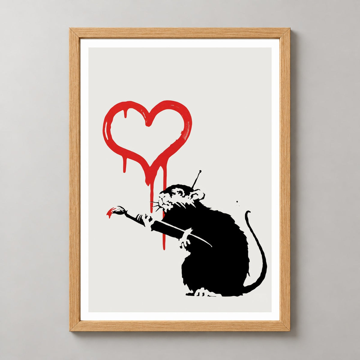 Banksy Love Rat, 2004 — realistic natural wood frame studio view