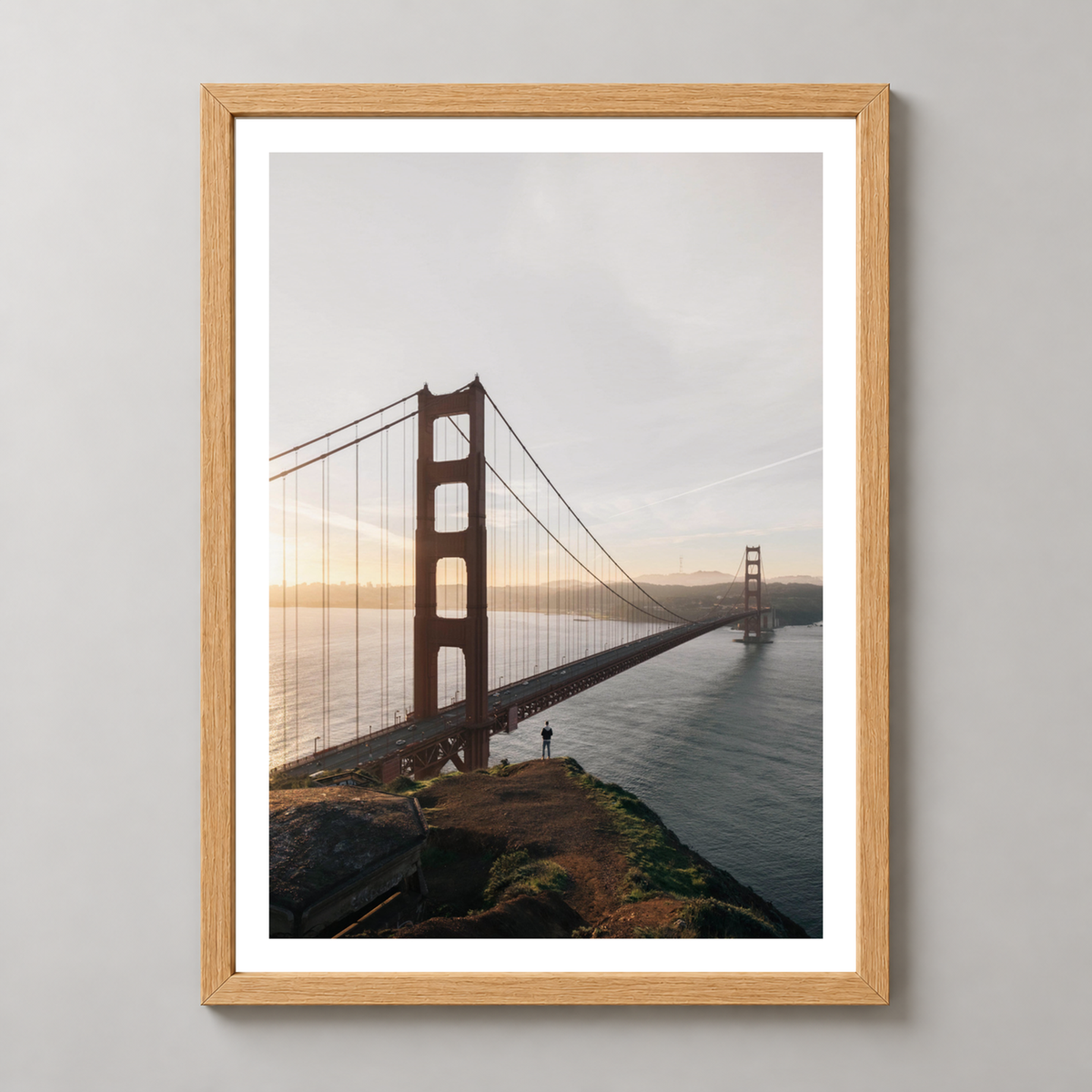 Golden Gate Bridge at Sunset - Captivating Landscape Art Print — realistic natural wood frame studio view with white border