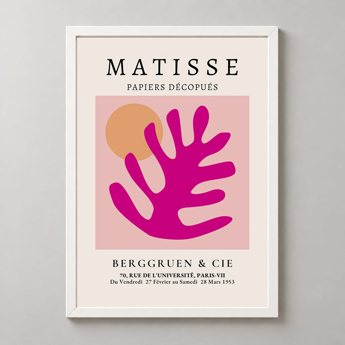 Henri Matisse Exhibition Print, Galerie Berggruen & Cie (Pink Foliage) — realistic white frame studio view