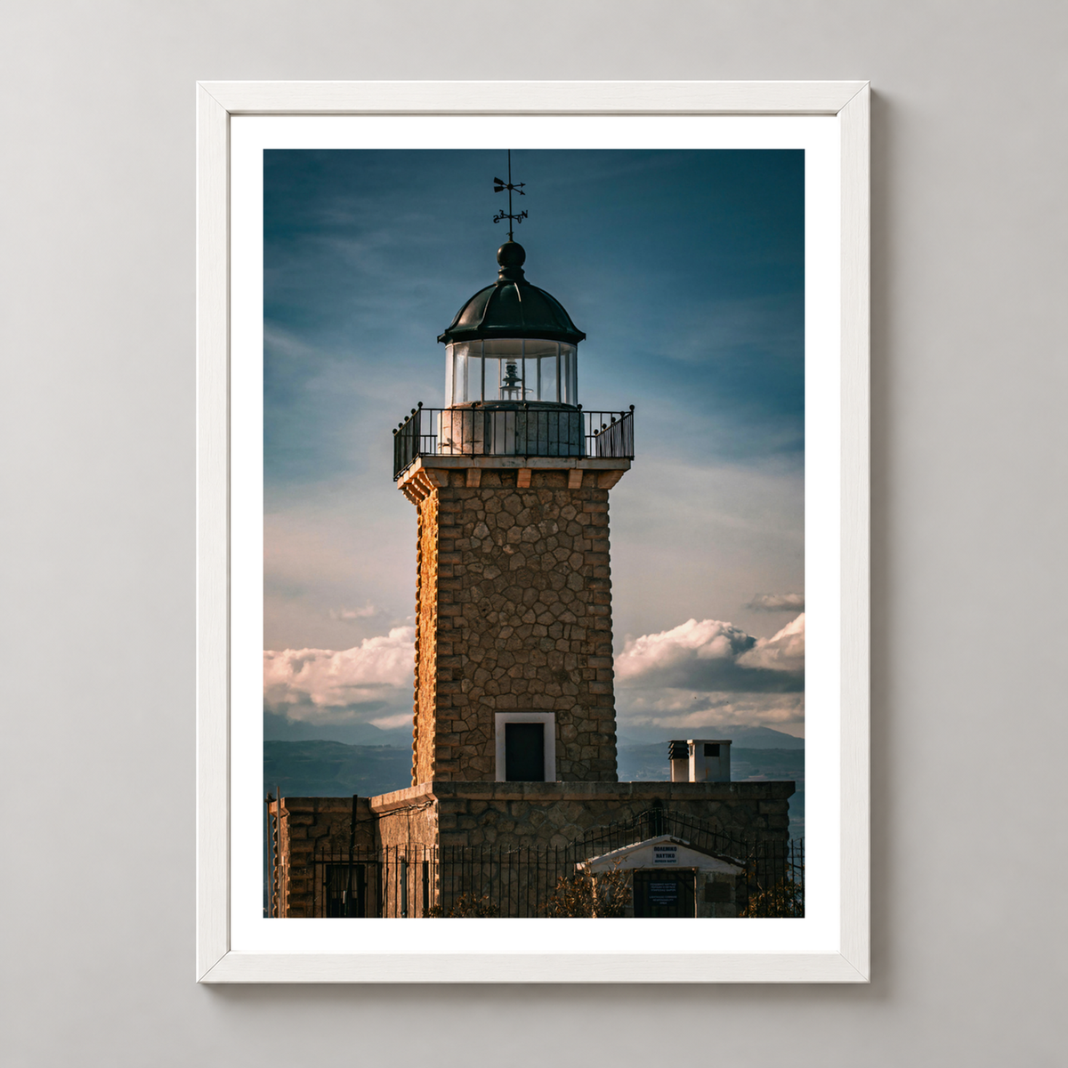 Majestic Lighthouse at Dusk - Captivating Coastal Art Print — realistic white frame studio view with white border