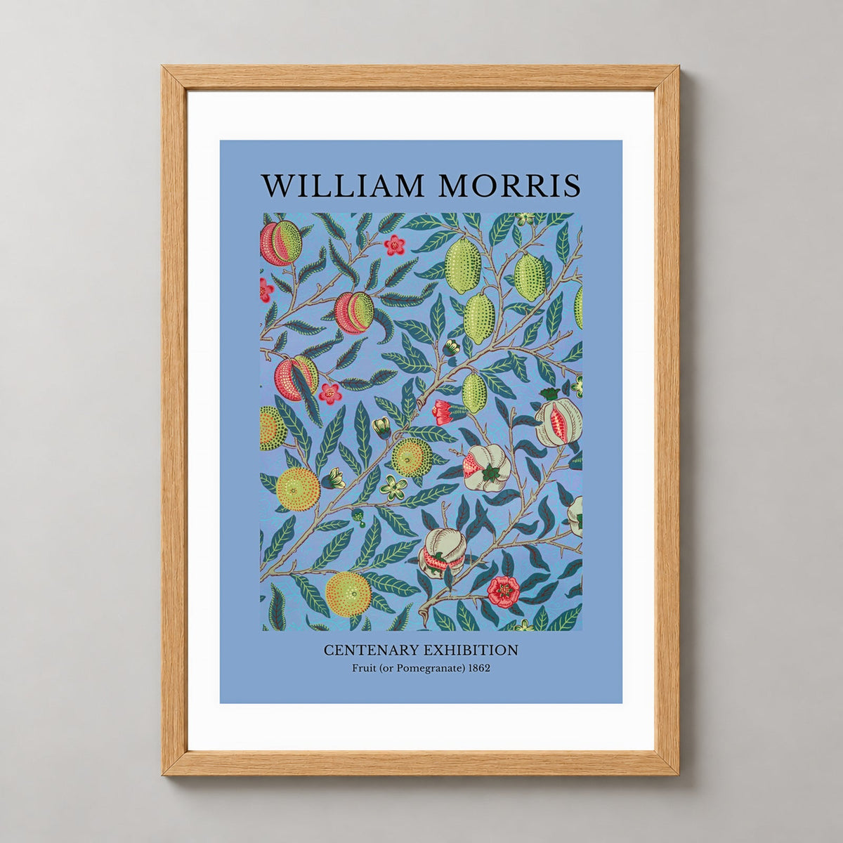 William Morris - Centenary Exhibition, Fruit (or Pomegranate) Print (1862) — realistic natural wood frame studio view