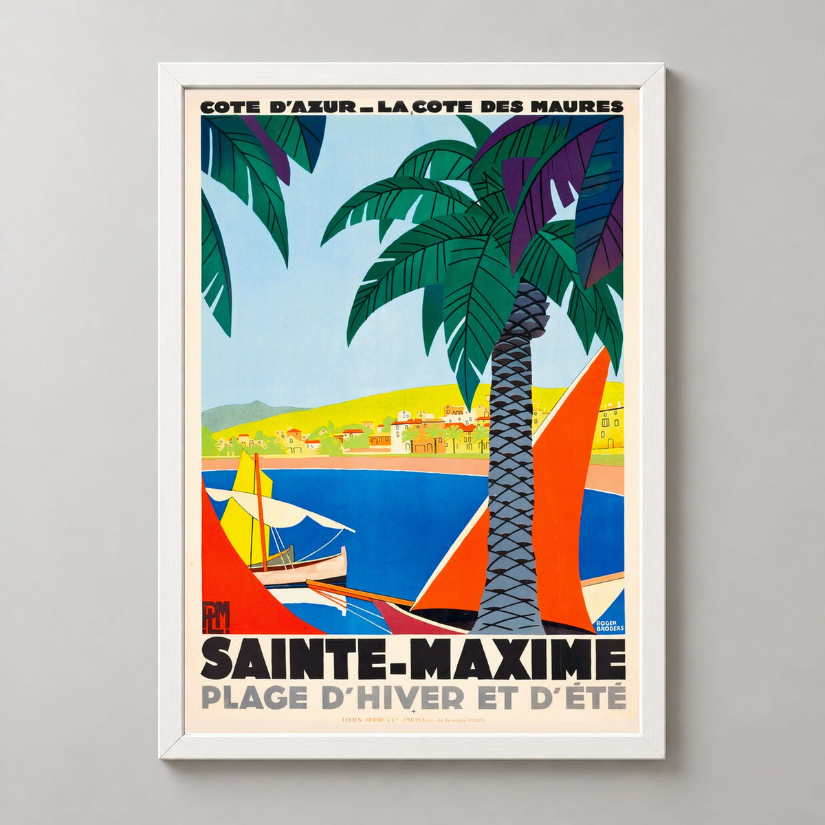Sainte Maxime French Riviera France Vintage Travel Poster — realistic white frame studio view