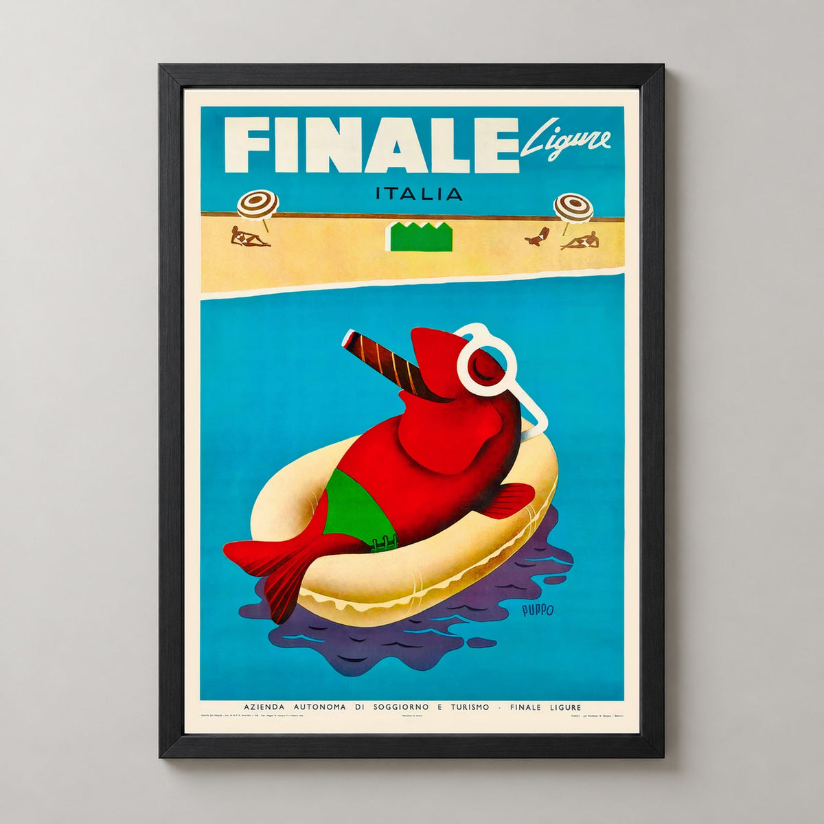 Finale Ligure Italy Vintage Travel Poster - Vibrant Coastal Art — realistic black frame studio view