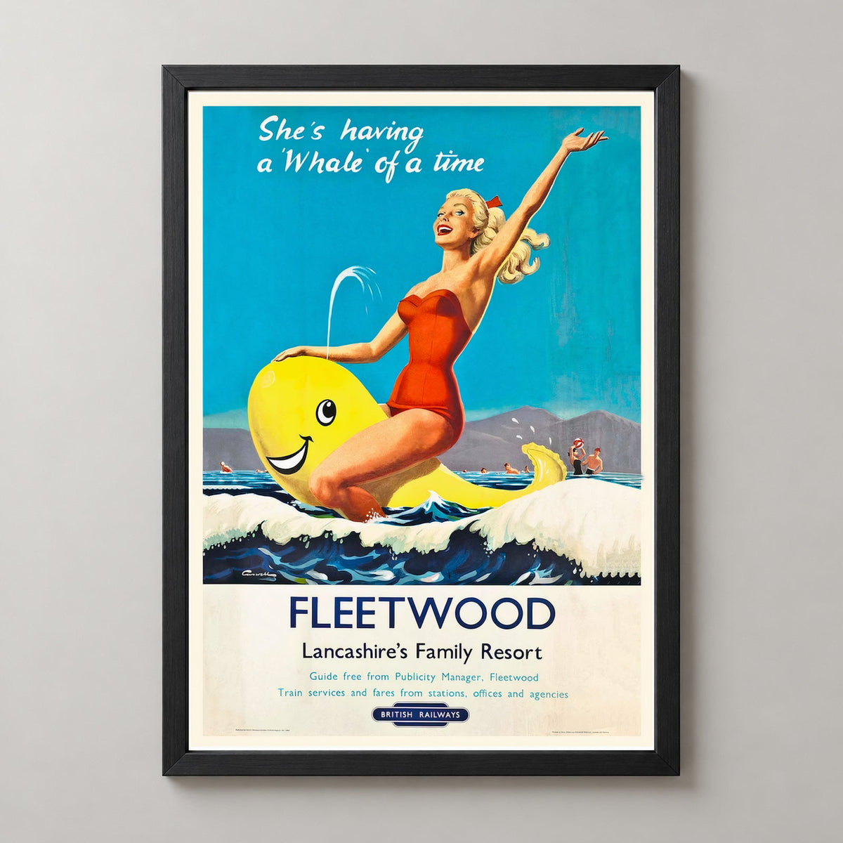 Fleetwood Lancashire's Family Resort England Vintage Travel Poster — realistic black frame studio view