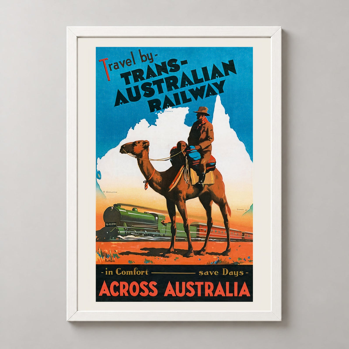 Trans Australian Railway | Outback Australia Vintage Poster — realistic white frame studio view