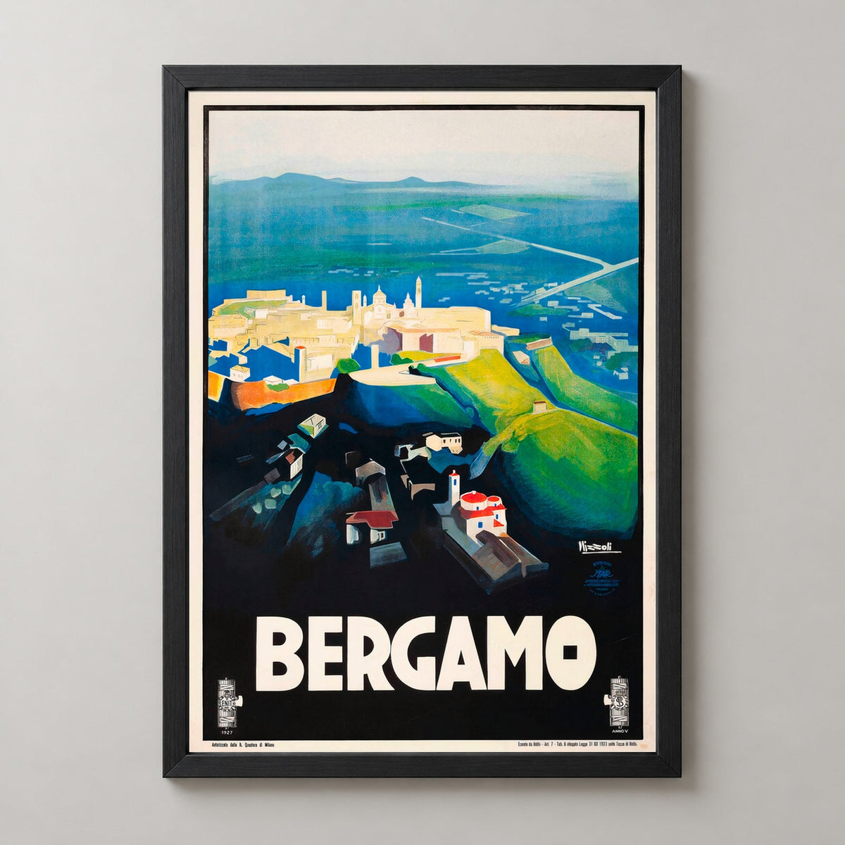 Vintage Italian Travel Poster - Bergamo Lombardy Italy — realistic black frame studio view