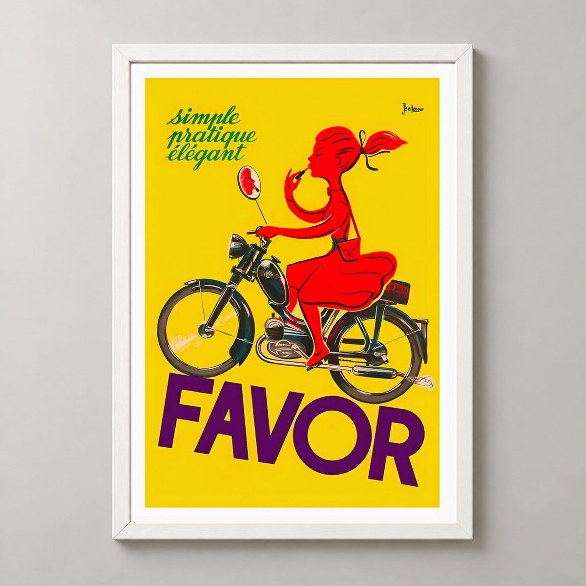 Favor Lipstick Girl on a Bicycle Vintage Advertising Poster — realistic white frame studio view