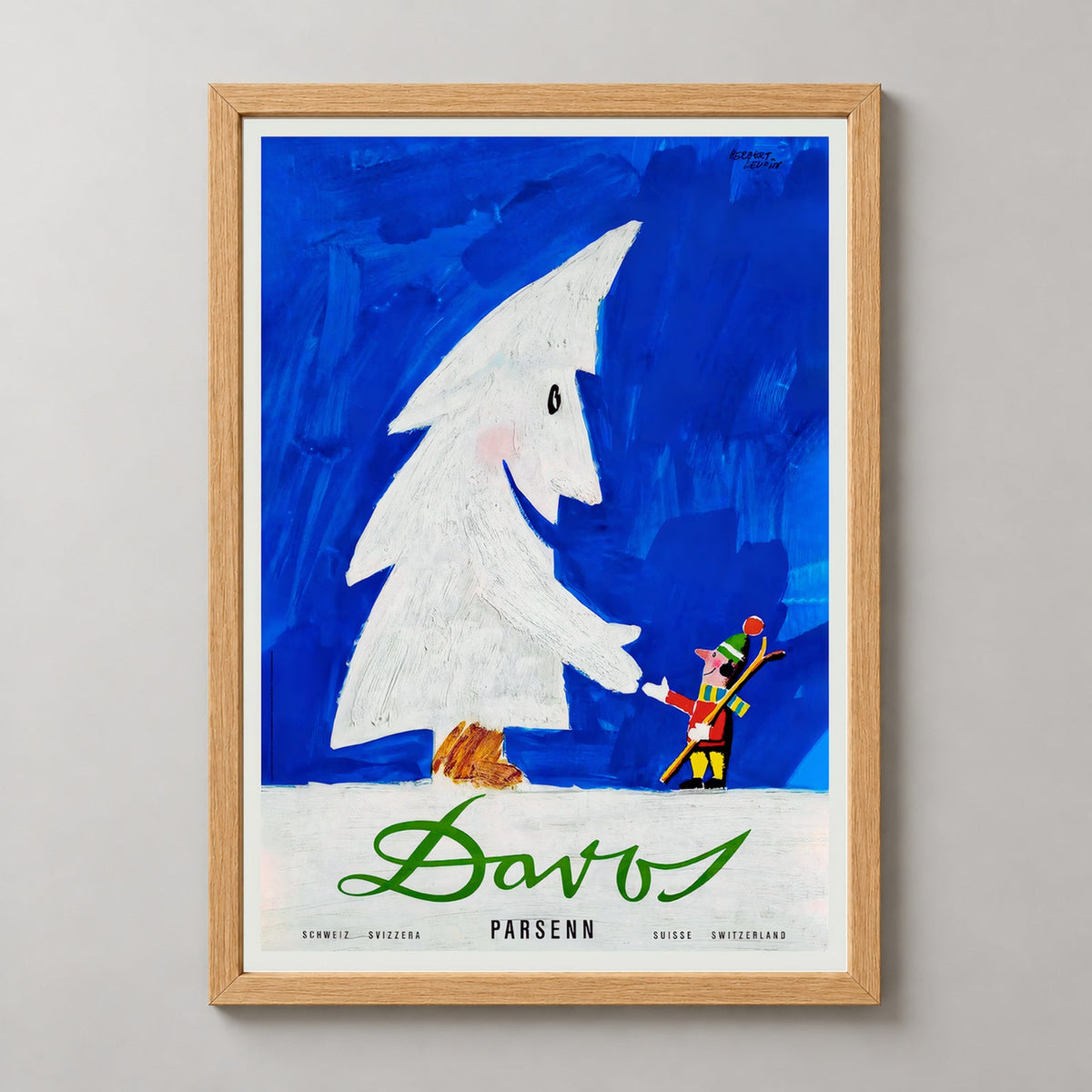 Vintage Ski Poster - Davos Parsenn Snow Tree - Swiss Alps Memorabilia — realistic natural wood frame studio view