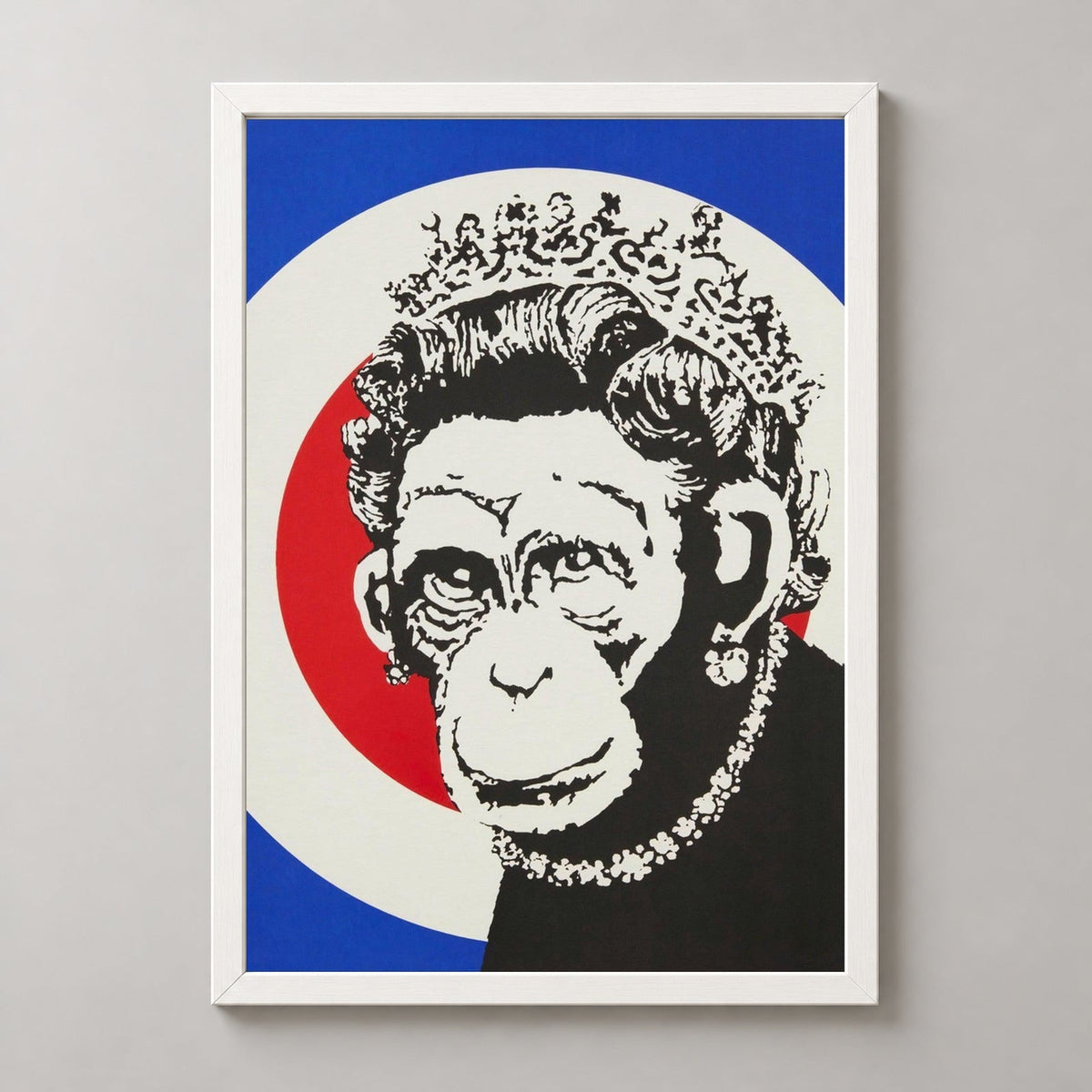 Banksy Monkey Queen, 2003 — realistic white frame studio view