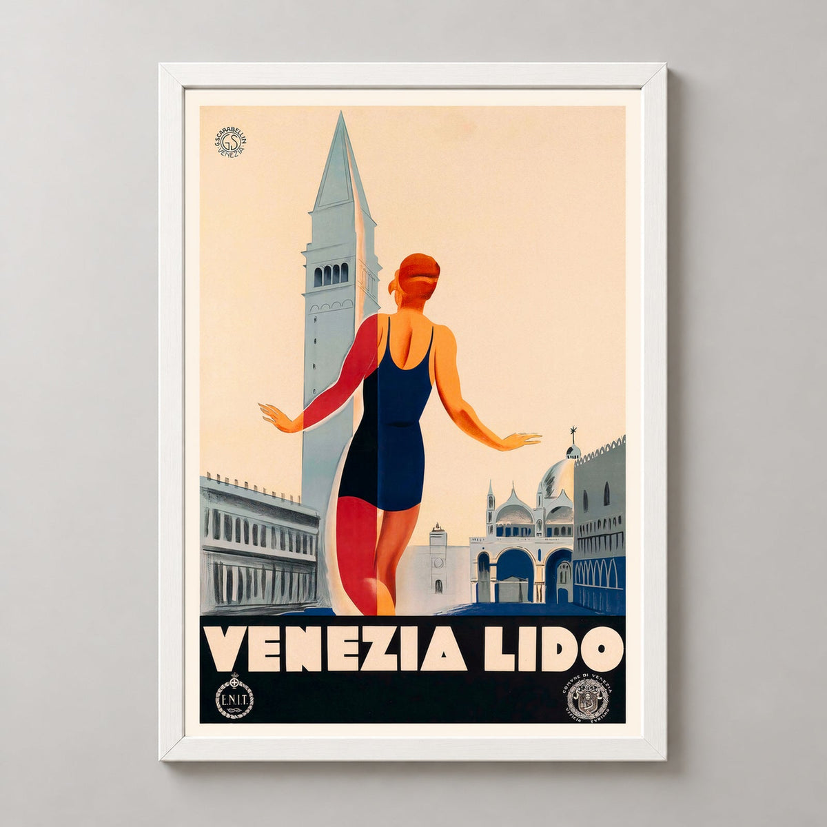 Venezia Lido Italy Vintage Travel Poster - Framed/Unframed — realistic white frame studio view