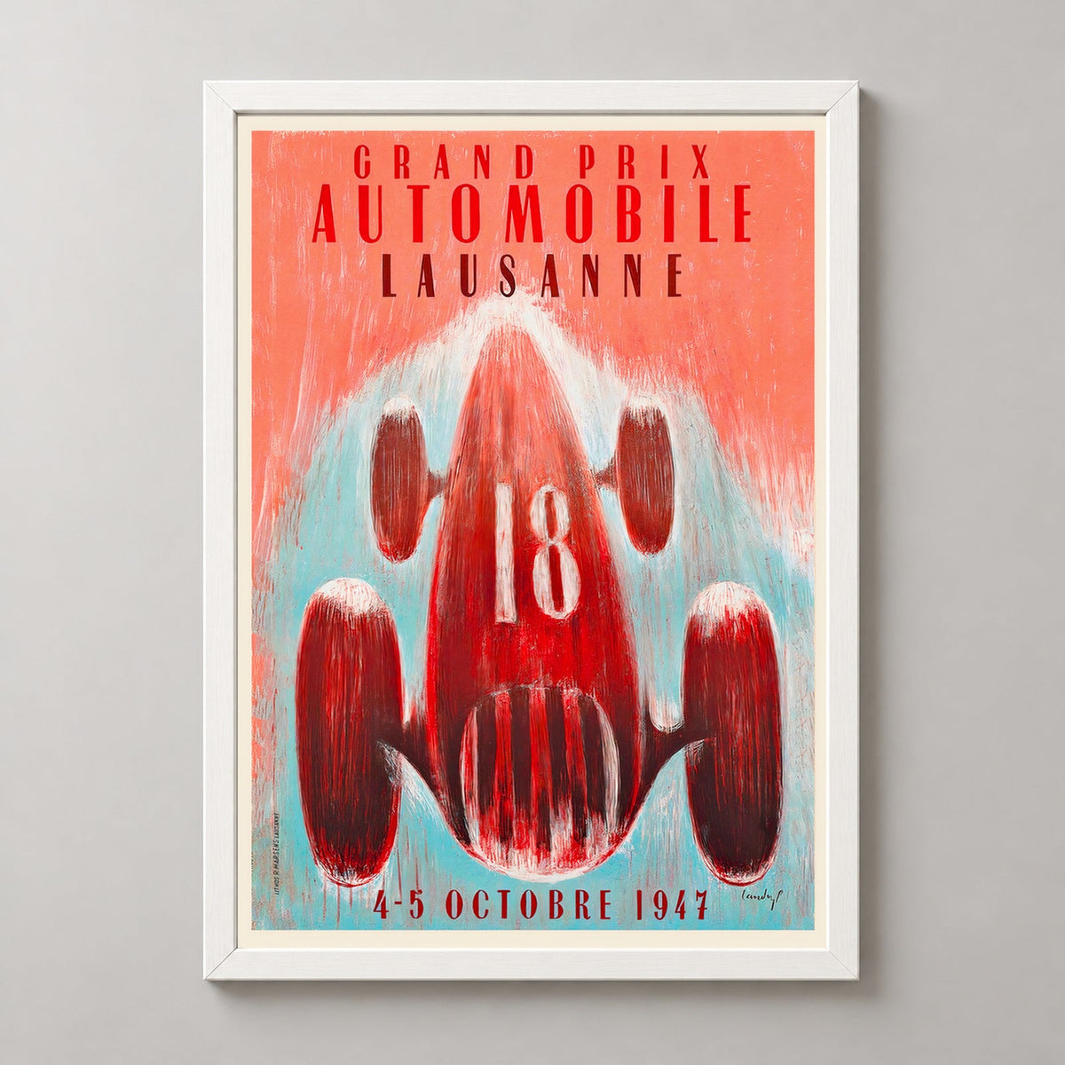 Grand Prix Automobile Lausanne 1947 Vintage Racing Poster — realistic white frame studio view