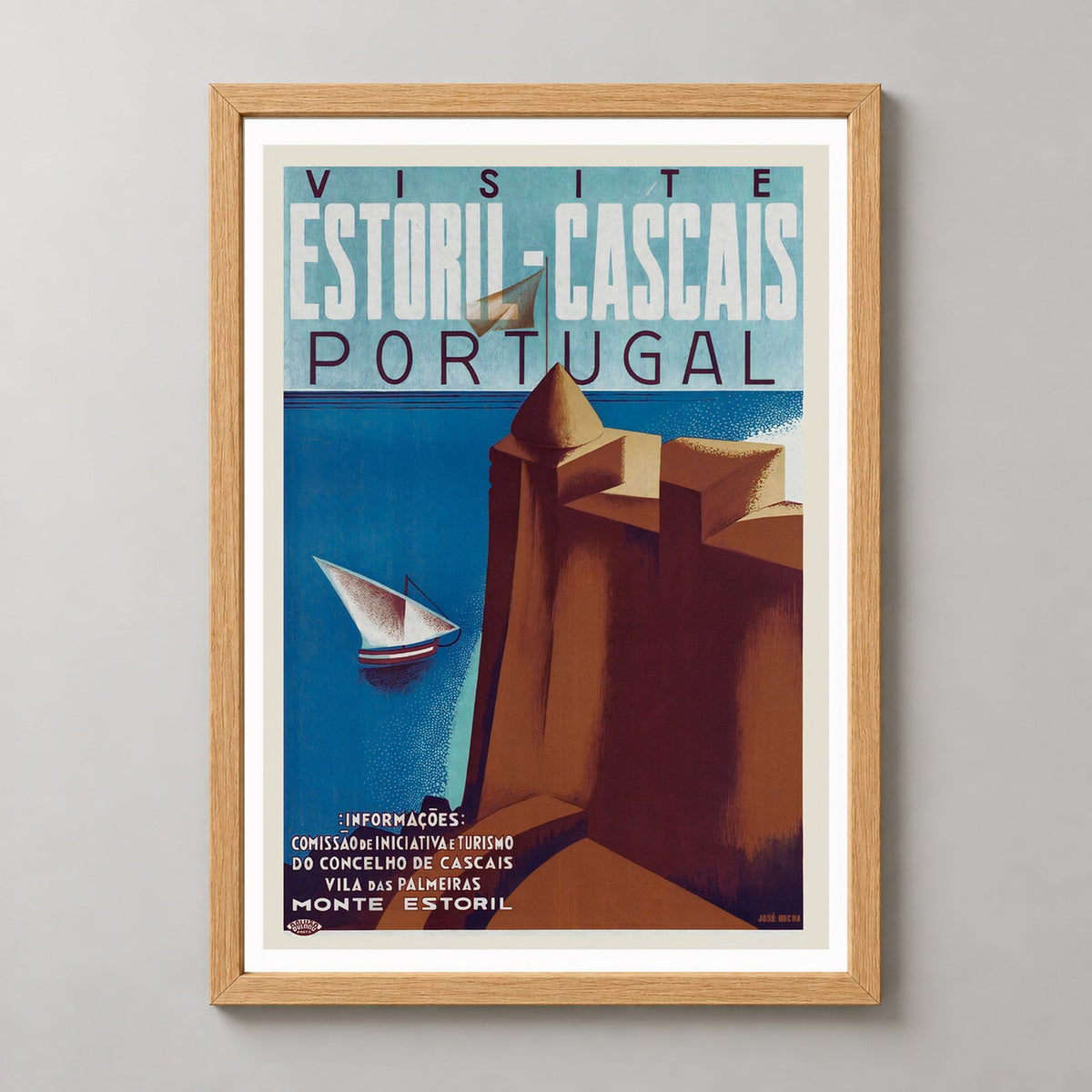 Estoril Cascais Portugal Vintage Travel Poster - Captivating Coastal Charm — realistic natural wood frame studio view