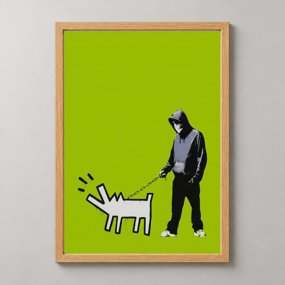 Banksy Choose Your Weapon (Green), 2010 — realistic natural wood frame studio view