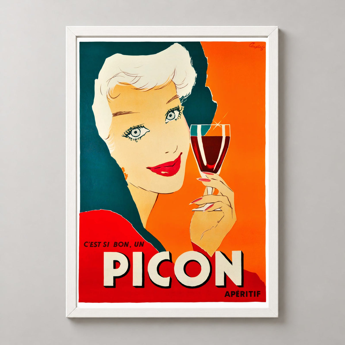 Picon Aperitif French Vintage Advertising Poster by Marcus Campbell — realistic white frame studio view