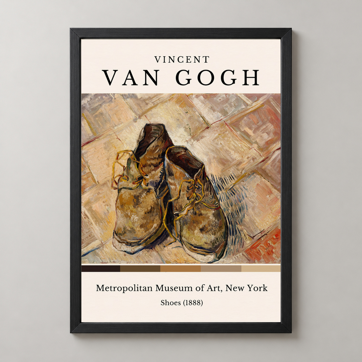 Van Gogh's Shoes - Iconic Post-Impressionist Art Print — realistic black frame studio view