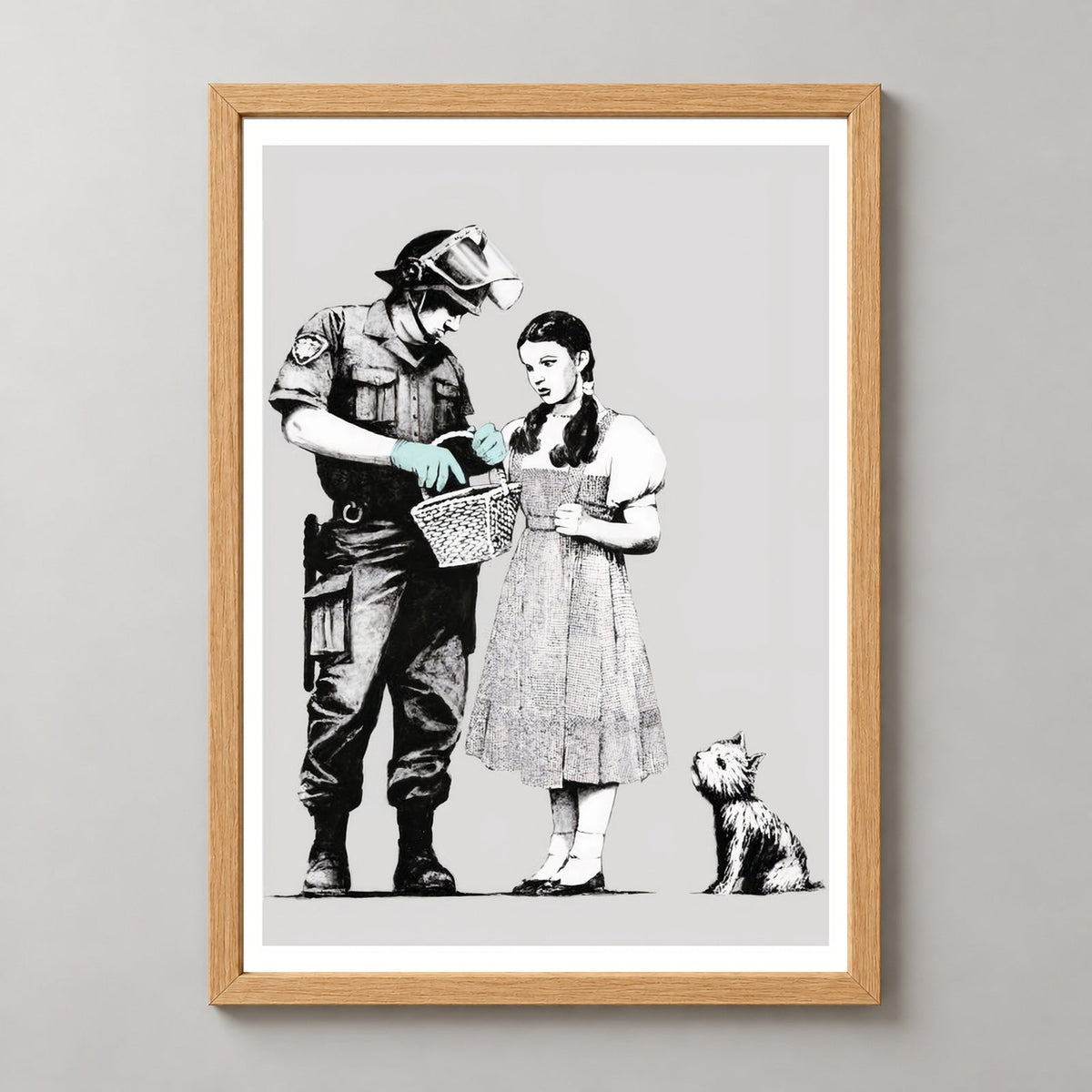 Banksy Stop and Search, 2007 — realistic natural wood frame studio view