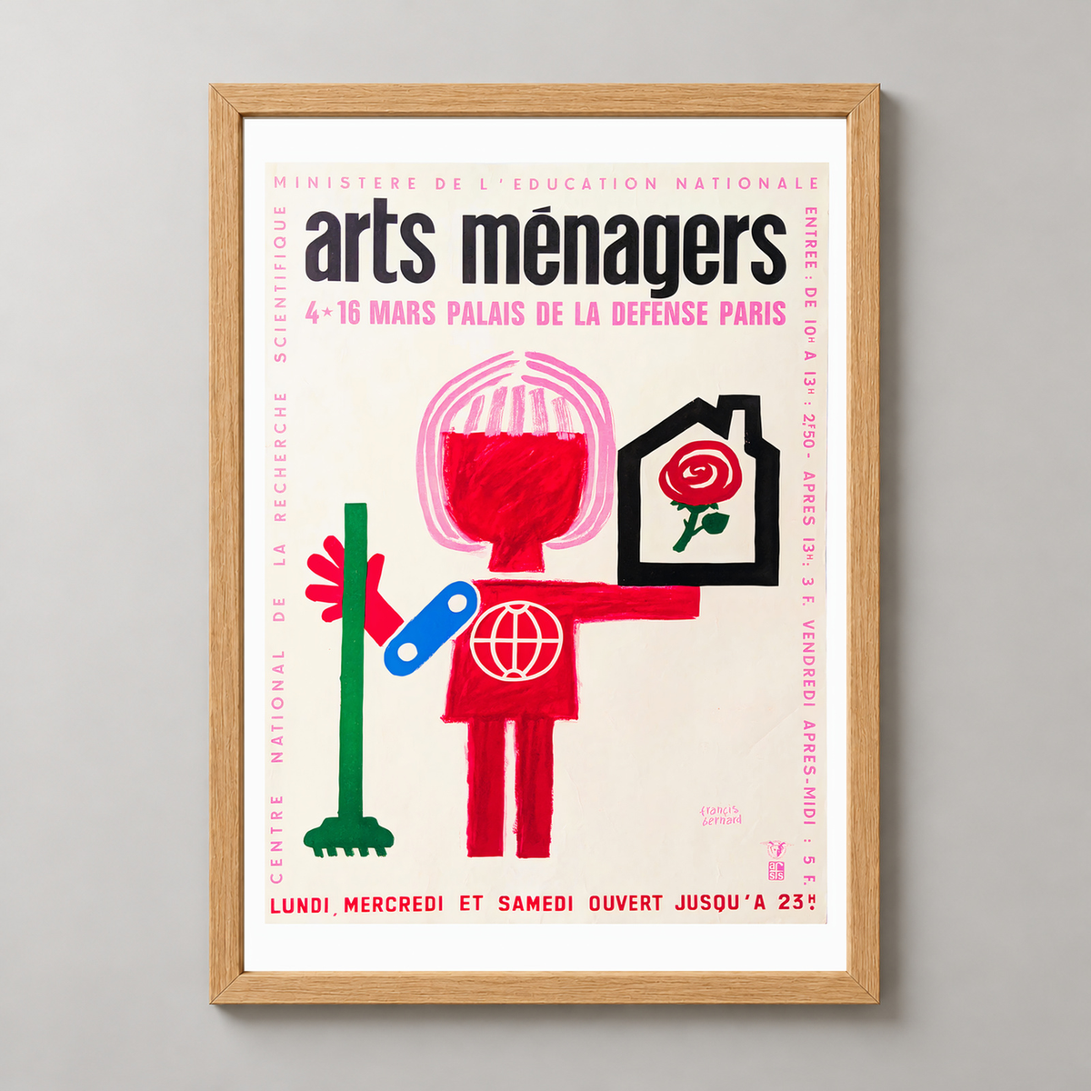 Arts Ménagers - Vintage French Advertising Poster by Francis Bernard — realistic natural wood frame studio view