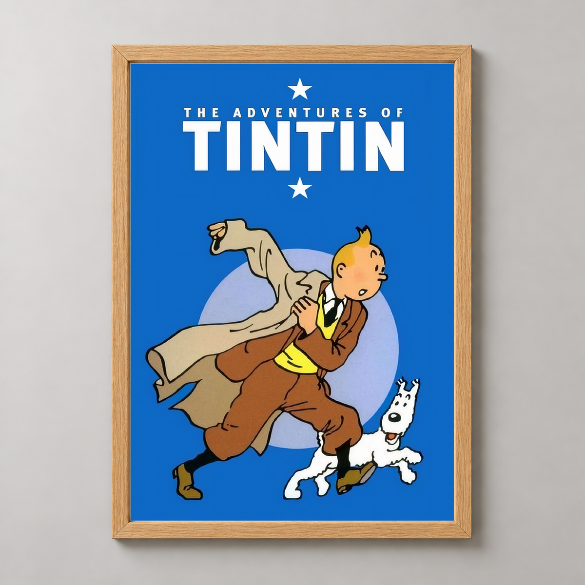 The Adventures of Tintin Art Print - Classic Comic Book Cover — realistic natural wood frame studio view