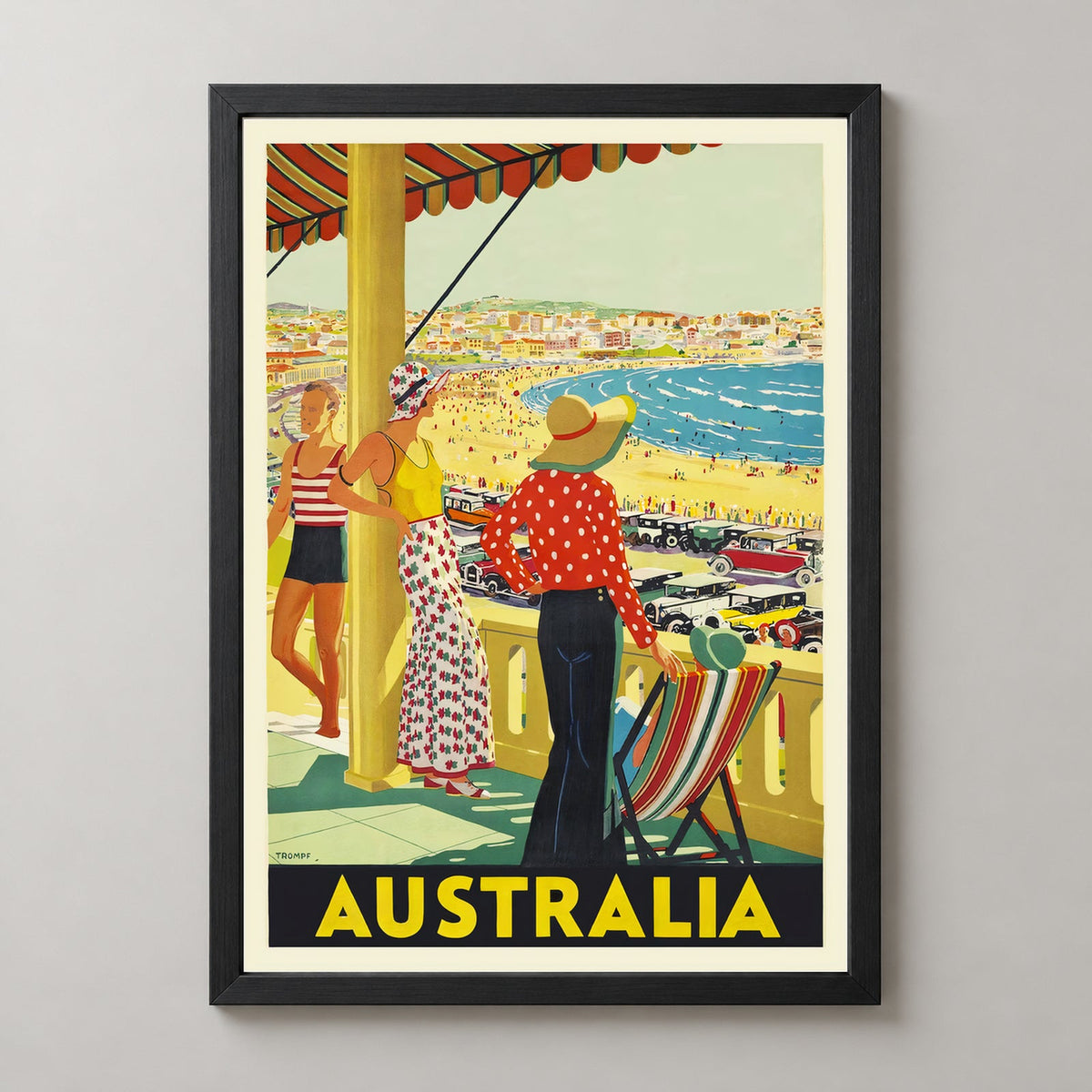 Bondi Beach Summer Vintage Australian Travel Poster — realistic black frame studio view