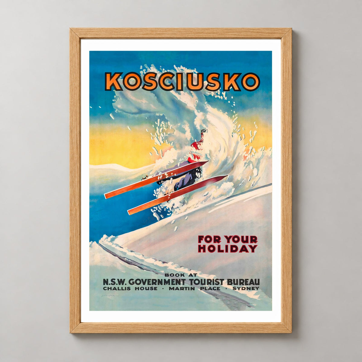 Mount Kosciuszko New South Wales Australia Vintage Ski Poster — realistic natural wood frame studio view