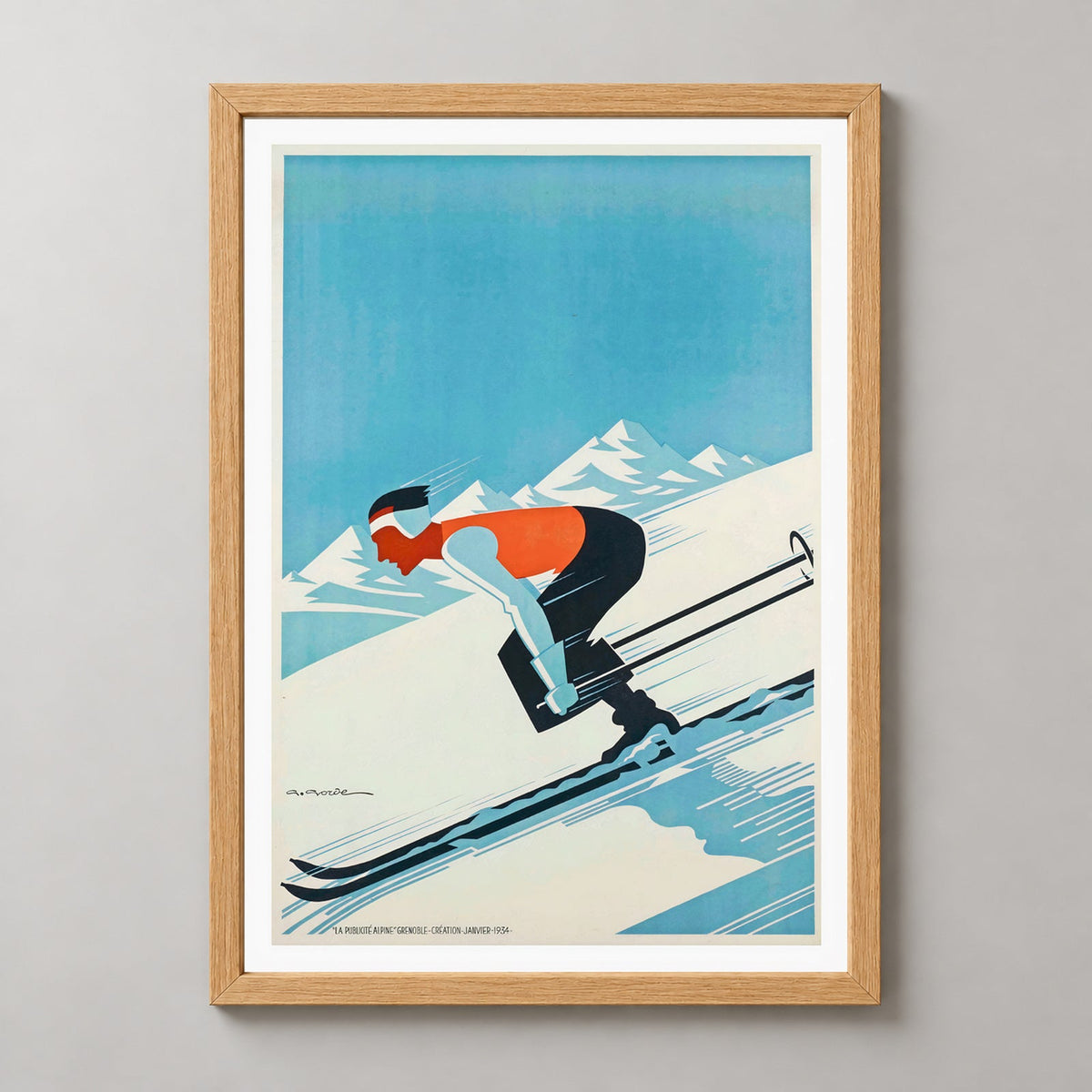 Grenoble Vintage Ski Poster - Vintage France Art Print — realistic natural wood frame studio view
