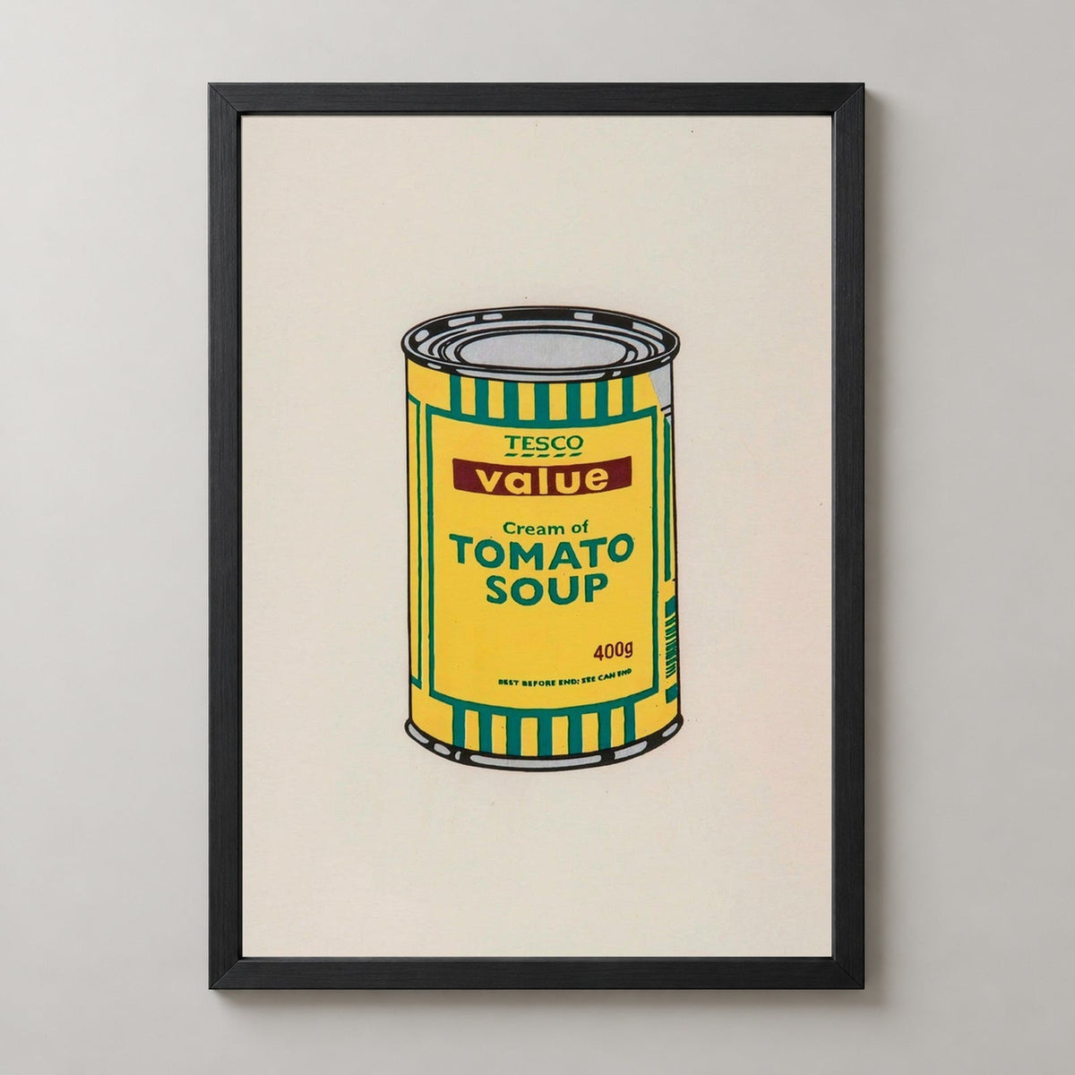 Banksy Soup Can Yellow Emerald Brown, 2006 — realistic black frame studio view