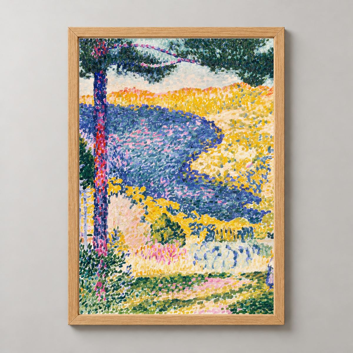 Paul Signac's Landscape with Pine Tree - Iconic Pointillist Art Print — realistic natural wood frame studio view