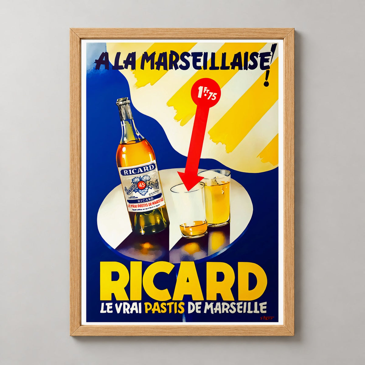RICARD A La Marseillaise Vintage Advertising Poster — realistic natural wood frame studio view