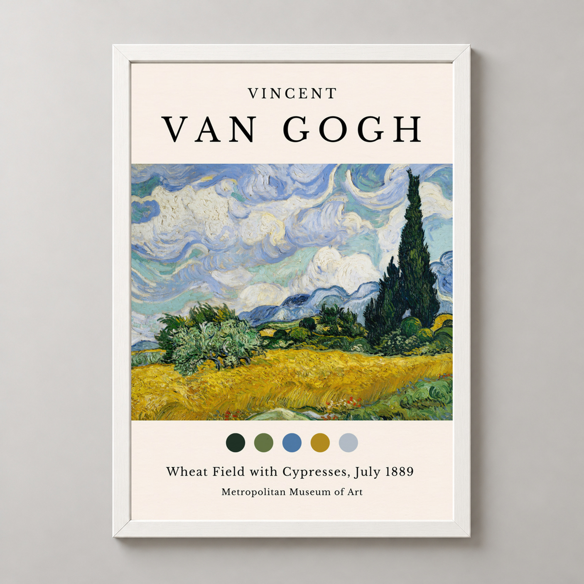 Van Gogh's Wheat Field with Cypresses - Post-Impressionist Art Print — realistic white frame studio view