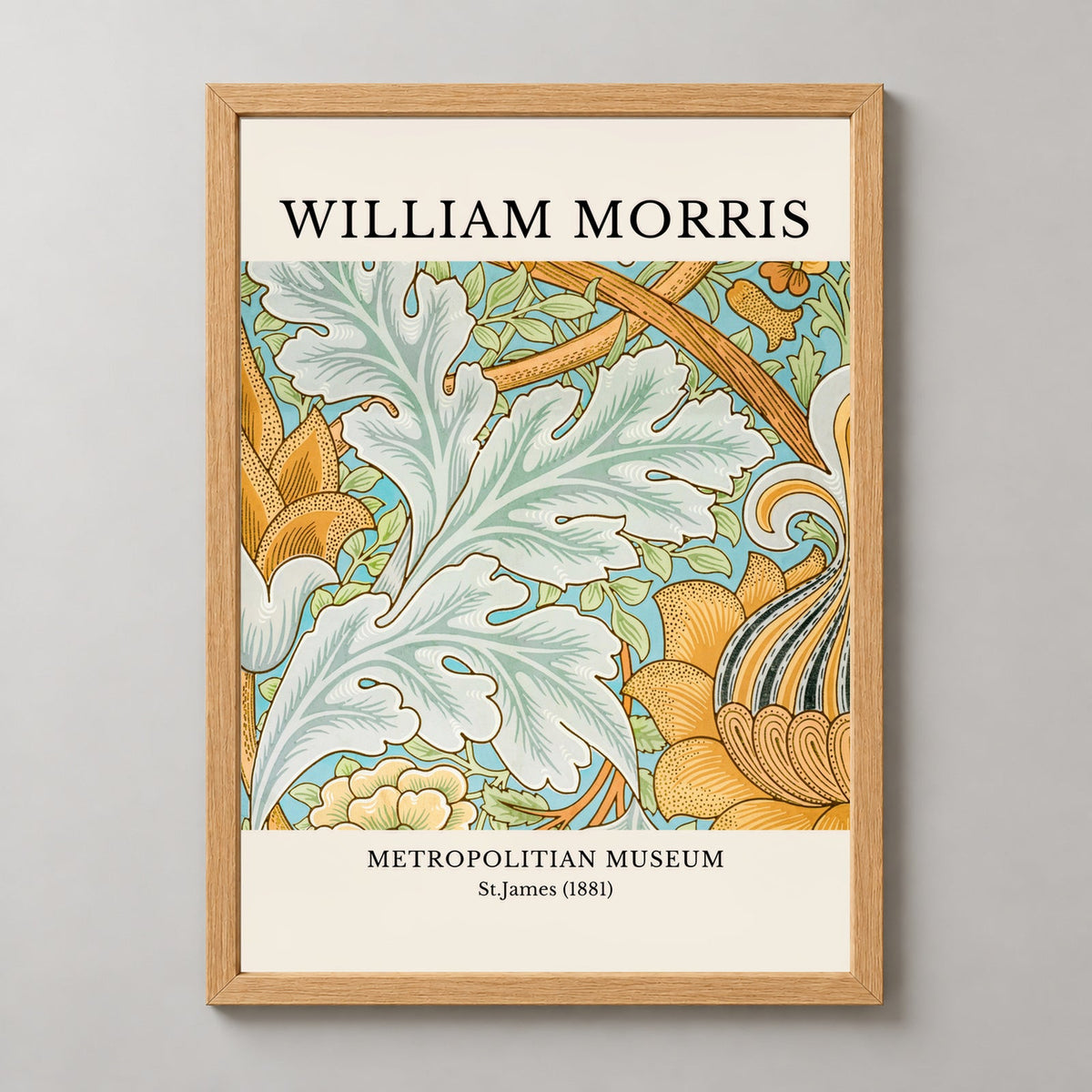 William Morris Print  - Metropolitan Museum, St. James (1881) — realistic natural wood frame studio view