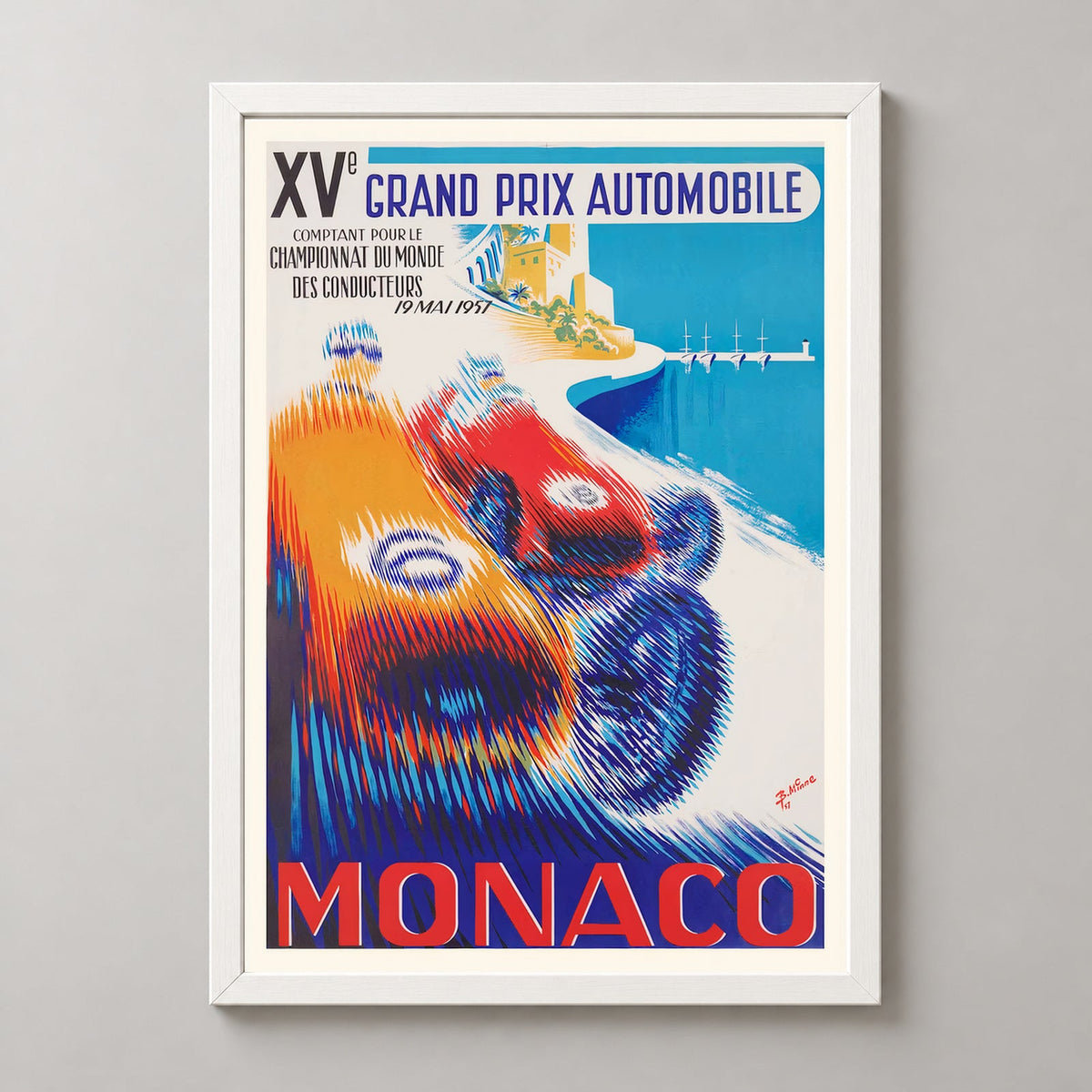 XV Grand Prix Automobile of Monaco 1957 Vintage Racing Poster — realistic white frame studio view