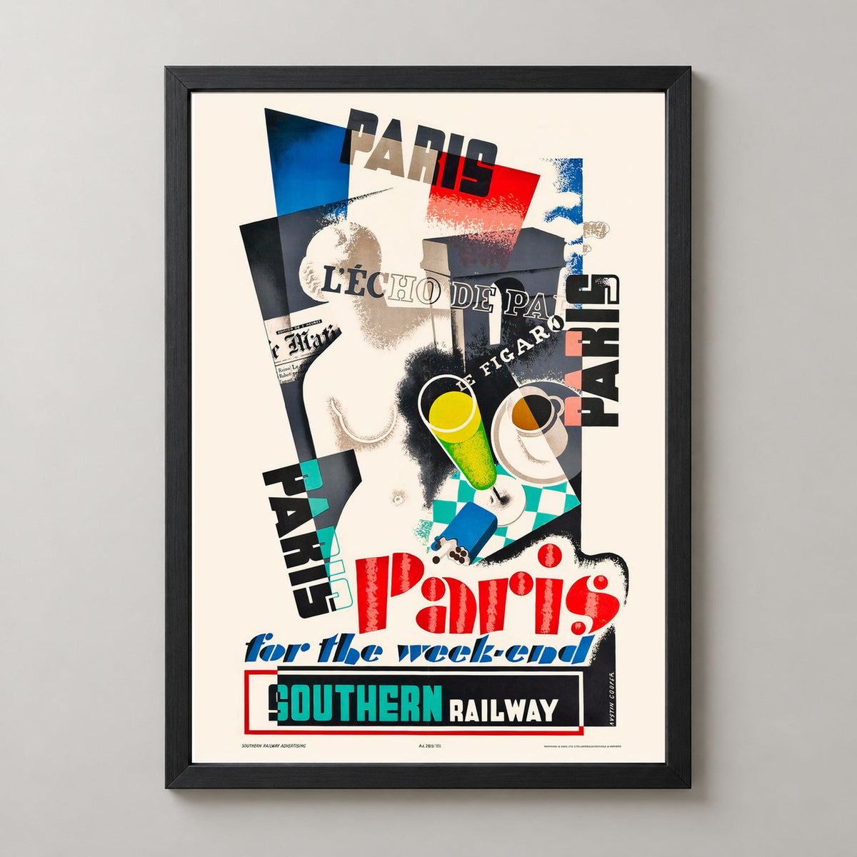 Paris For the Weekend Southern Railway Vintage Travel Poster — realistic black frame studio view